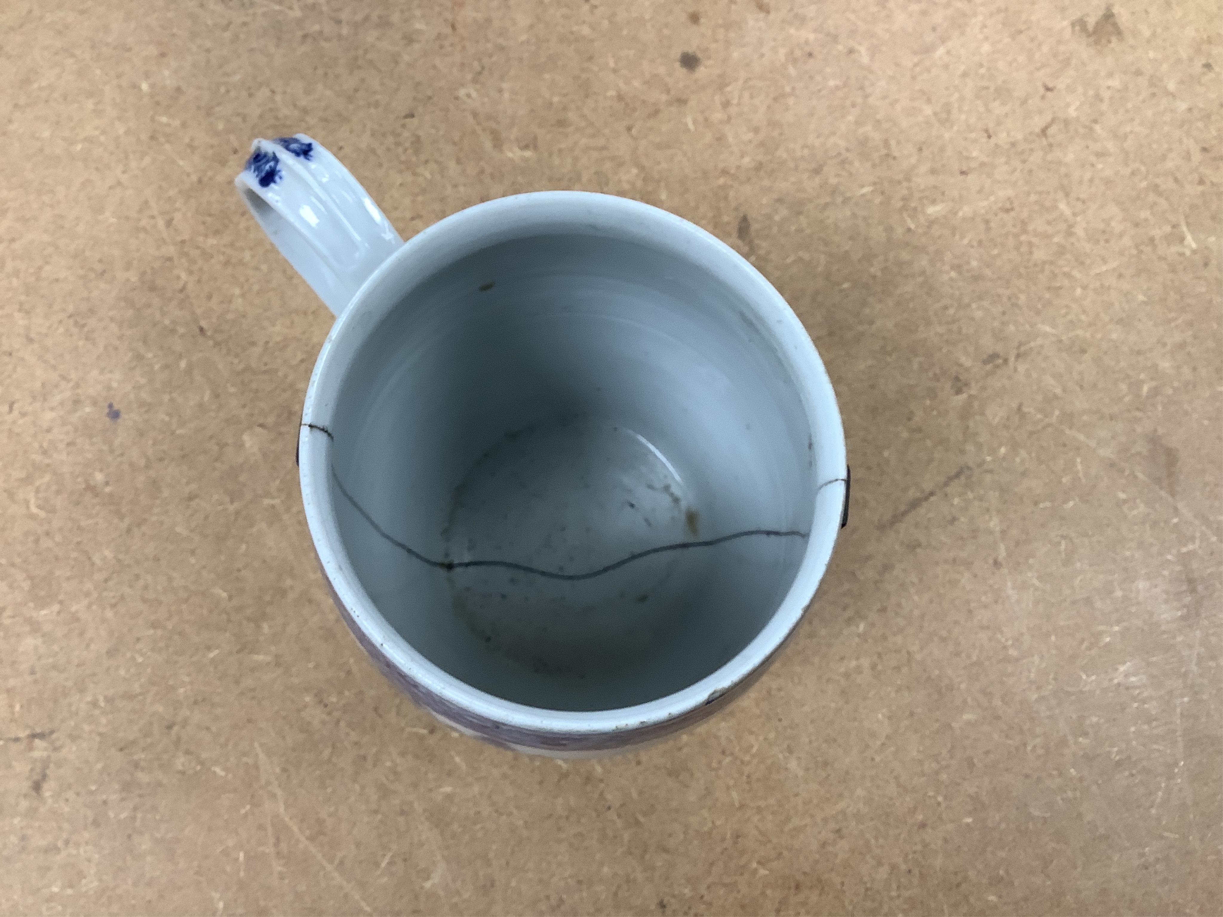 Four 18th century Export and later Chinese mugs to include a blue and white example, (a.f), largest 15cm high